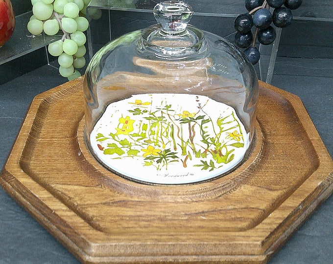 2403 Goodwood Yellow Flower Oak Wood 12" Vintage Octagon Cheese Cracker Tray Server w/ 5" Tall x 6.5" Wide Glass Dome Cover - Great Cond.