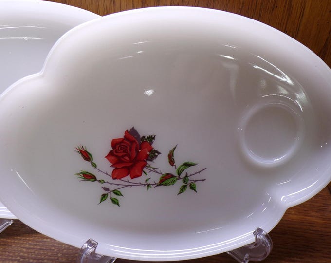 2506 Federal Glass Rosecrest Vintage Milk Glass Snack Plate Trays with Red Roses Set of 3 - Great Condition