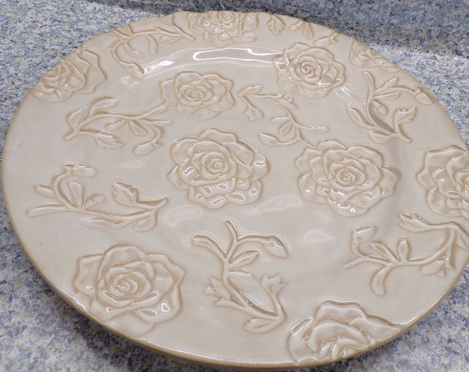 2211 Vintage 12" Stoneware Platter - Beige with Gold Roses - Deep Texture - No Chips or Cracks
