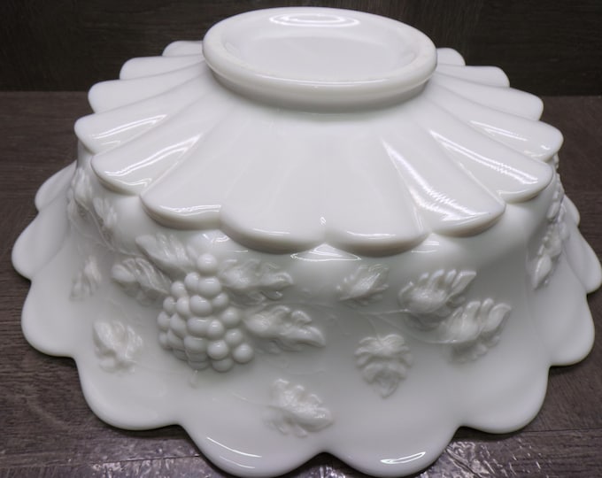 2603 Westmoreland Vintage Milk Glass 12.5" Raised Grape and Leaf Footed Scalloped Rim Bowl w/ Westmoreland Stamp - Great Condition