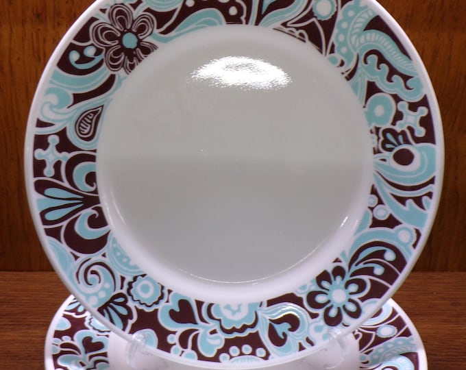 2503 Corelle Vitrelle Dancing Carousel 10.75" Dinner Plates Set of 4 - Teal & Brown Trim on White - Great Condition