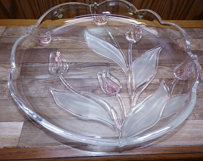 2509 Mikasa Crystal Pink Tivoli Tulips 12" Raised Rim Platter Serving Tray - Great Condition