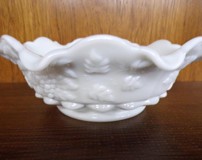 2506 Westmoreland Vintage Milk Glass 10" Raised Grape and Leaf Footed Scalloped Rim Bowl w/ Westmoreland Stamp - Great Condition
