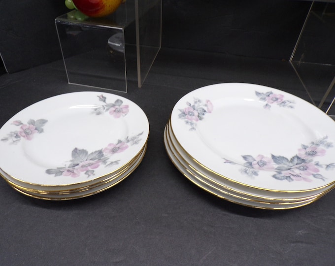 2302 Epiag Czechoslovakia Vintage China Set of 8 pcs (4) 7.75" Salad Plates & (4) 6.25" Bread Plates - Pink and Gray Floral - Good Condition