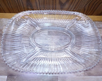2508 Heavy Glass Ribbed Divided Dish 14.5" x 10" Vintage Oval Serving Tray Platter - Sawtooth Edge - Good Condition