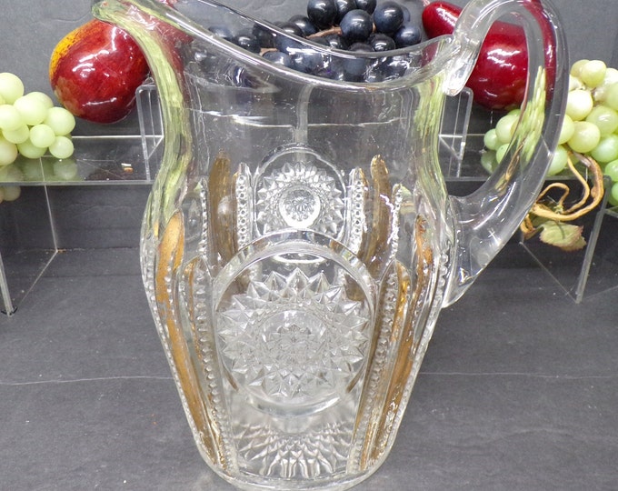 2305 Early American Crystal 9" Vintage Pitcher- Gold Panel (Worn) & Starburst Hobstar - No Chips or Cracks