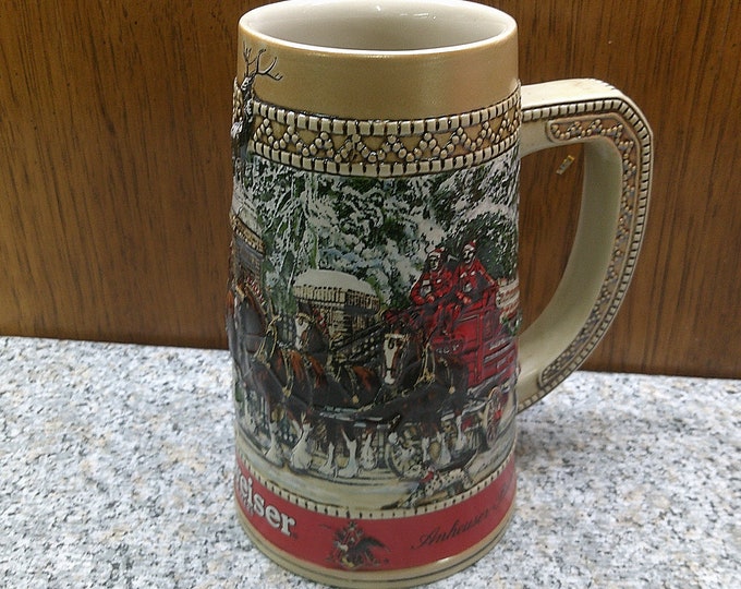 2406 Budweiser Holiday Beer Stein Mug 1987 Clydesdales Ceramarte Hand-Crafted Brazil C Series 6.5" Anheuser Busch - Great Condition