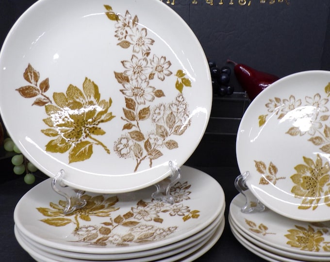 2305 Jamestown Ironstone Plates Vintage Set of 11 - (6) 10.25" Dinner Plates & (5) 7.25" Salad Plates Gold/ Bronze on Cream- Great Condition