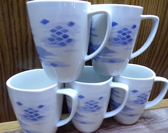 2511 Corelle Coordinates Blue Diamonds Vintage 4" 12 oz Porcelain Square Rim Coffee Mug Set of 5 - Great Condition