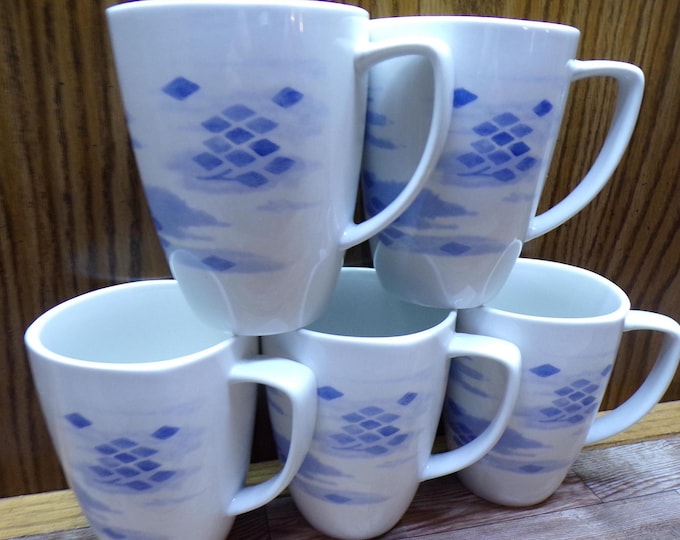 2511 Corelle Coordinates Blue Diamonds Vintage 4" 12 oz Porcelain Square Rim Coffee Mug Set of 5 - Great Condition
