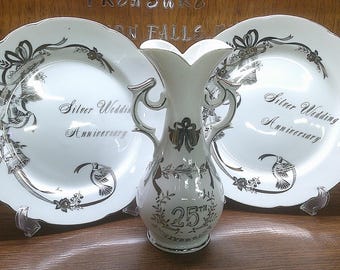 2412 Lefton China Vintage "25th Silver Wedding Anniversary" 3 pc Hand-painted Set - Pair of 9" Plates and 8.5" Vase - Great Condition