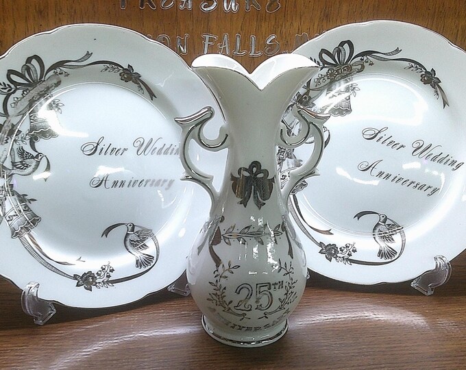 2412 Lefton China Vintage "25th Silver Wedding Anniversary" 3 pc Hand-painted Set - Pair of 9" Plates and 8.5" Vase - Great Condition