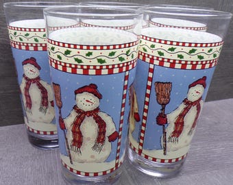 2608 Anchor Hocking Sakura Snowman Vintage 16 oz. 6.25" Tumblers Set of 5