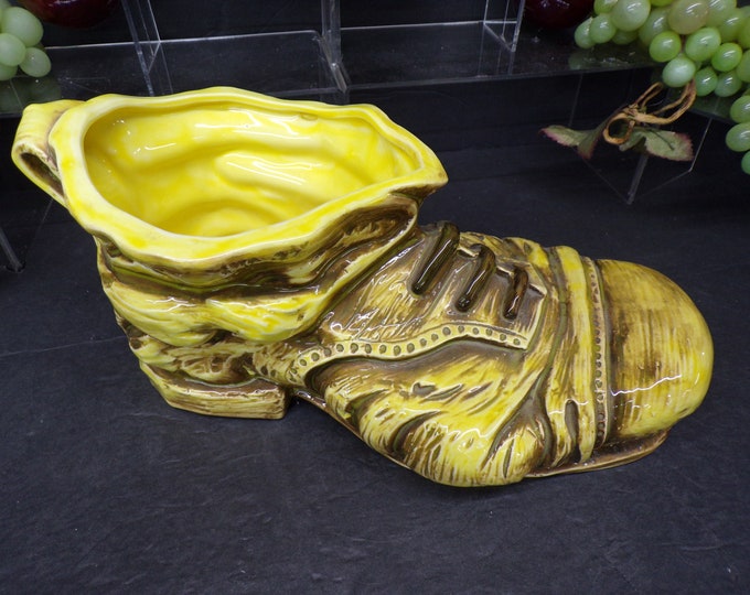 2311 Very Cute Antiqued Yellow Boot Planter/ Vase/ Candy Dish Unique Vintage Ceramic 11" x 6" x 4.5" Tall - Japan- Great Condition
