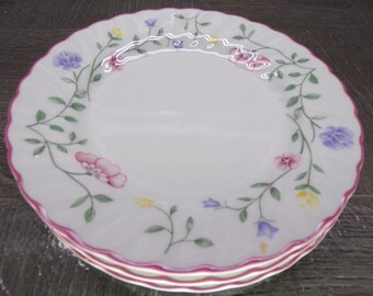 2602 Vintage 1985 Summer Chintz Floral Swirl 6.25" Bread Plates Set of 4 with Pink Rim by Johnson Bros. England - Great Condition