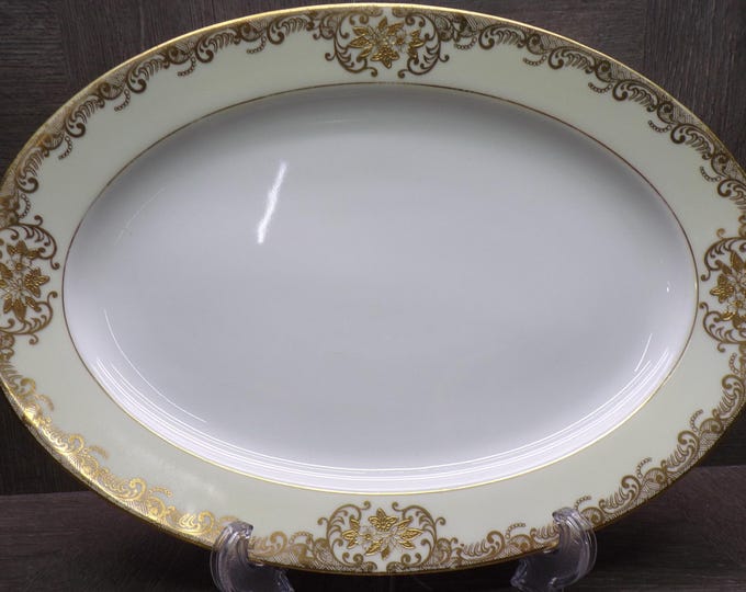 2603 Meito Vintage 1936 Hand-painted China 12.25" Oval Platter - 22 kt Gold Flowers & Scrolls w/ Cream Rim - Great Cond. Little Wear