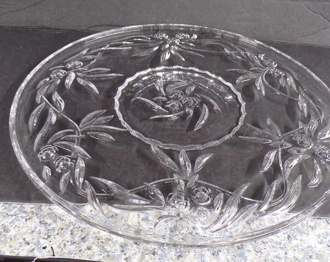 2212 Beautiful Embossed Floral Pattern Vintage 12" 24% Lead Crystal Footed Serving Platter - Good Condition No Chips or Cracks