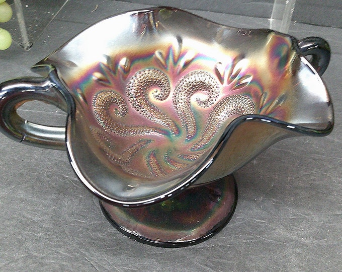2404 Dugan Question Mark Footed Double Handle 6" Bowl Beautiful Iridescent Tones Amethyst Carnival Glass- Tiny Chip on Base Otherwise Great