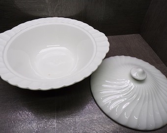 2608 Johnson Bros Snowhite Regency Vintage 9" Covered Bowl - White Spiral Swirl - Some Crazing - Tiny Stain in Bottom