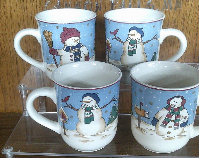 2502 Cambridge Potteries Snowmen Serenade by Tobi Pieri 1997 Vintage 4" 12 oz Coffee Mugs Set of 4 - Great Condition