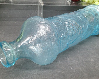 2312 Empoli Blue 15" Vintage Genie Bottle Decanter - Fruit Motif Made In Italy - Good Condition No Stopper