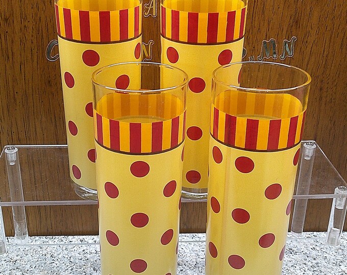 2405 Gail Pittman Southern Living Sienna Polka Dots & Stripes Vintage 7" Tom Collins Highball Tumblers Set of 4 - Great Condition