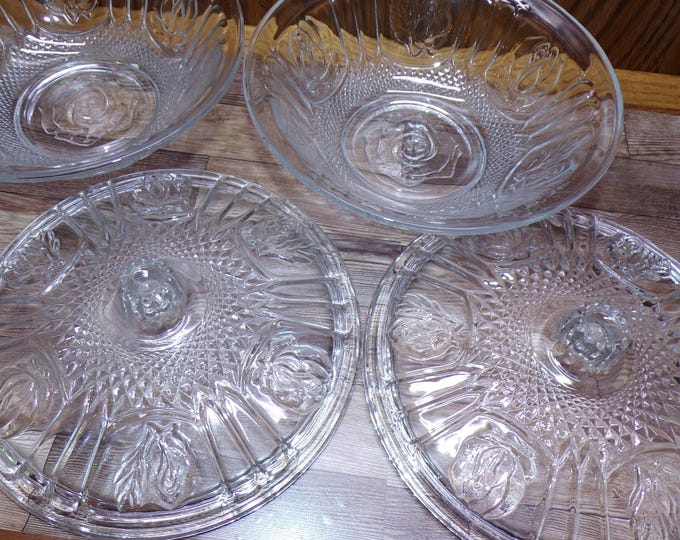 2508 KIG Glass Fleur De Lis Candy Bowls with Lids Vintage Set of 2- Embossed Roses Pattern- Indonesia - One has a Chip on Rim Other is Great