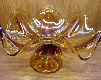 2504 Viking Glass 6 Petal Amber Footed 10" Vintage Pedestal Compote Candy Dish - Great Condition