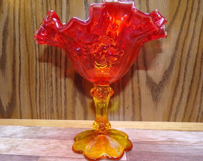 2508 Fenton Persimmon Orange Cabbage Rose Pedestal Compote Candy Dish 6" Tall x 6" Wide - Great Condition