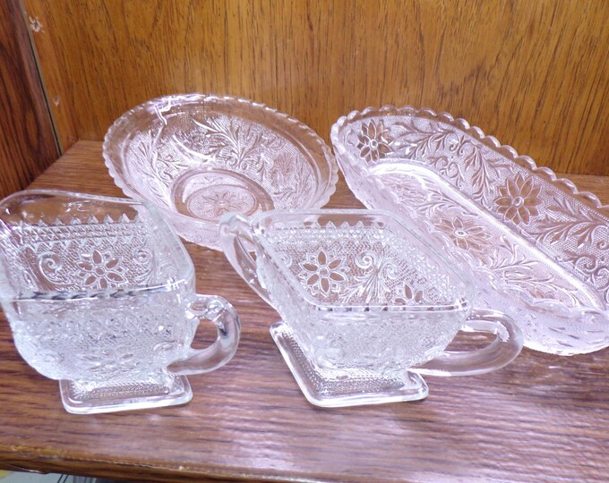 2504 Indiana Glass Tiara Exclusives 4 pc Set Sandwich Pattern Clear Vintage Cream & Sugar Set, 9" Oval Bowl and 10" Oval Bowl - Great Cond.