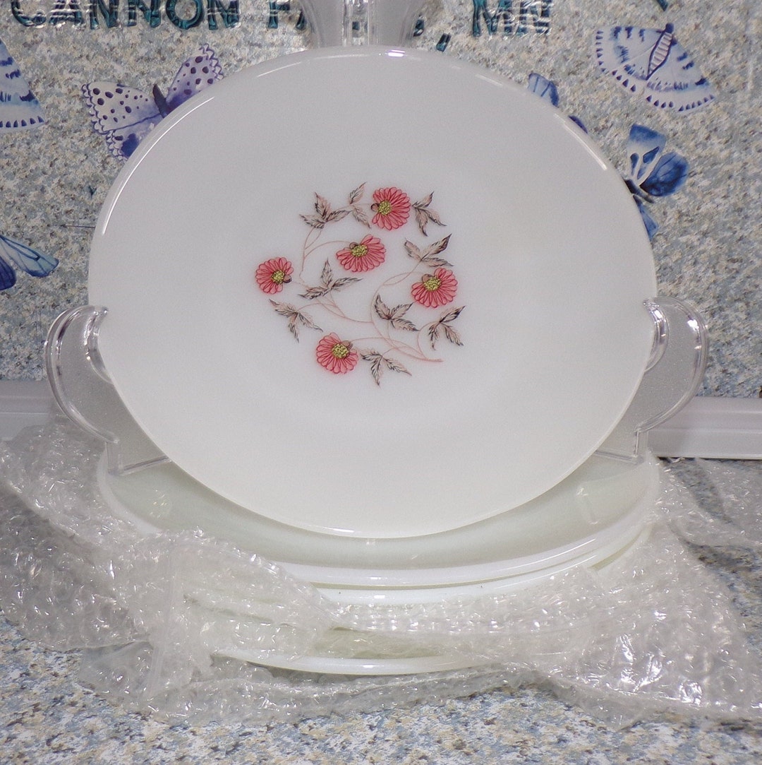 2207 Fire King Milk Glass Fleurette Pink Flowers 9 Dinner Plates Set of