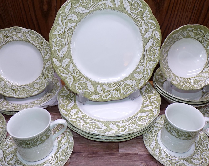 2509 J&G Meakin Sterling Renaissance Green Scalloped Vintage Ironstone Dinnerware from Staffordshire England - Great Cond. Couple Scratches