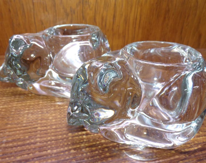 2507 Pair of Indiana Glass Clear 5" Sleeping Cat Kitten Votive Tealight Candle Holders - Pre-owned Great Condition