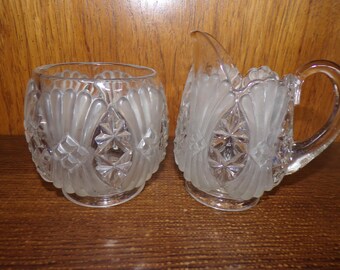 2507 Heavy Crystal Ribbed Clear and Frosted Satin Vintage 4.5" Cream and Sugar Set - Pre-owned Good Condition
