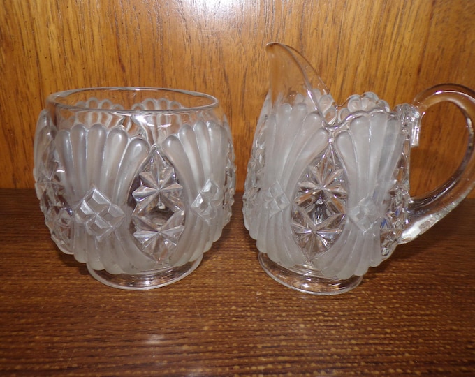 2507 Heavy Crystal Ribbed Clear and Frosted Satin Vintage 4.5" Cream and Sugar Set - Pre-owned Good Condition