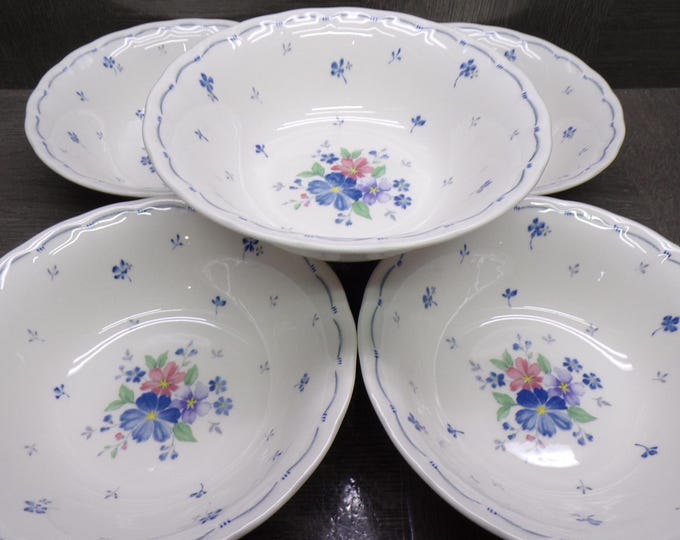 2603 Nikko Blossomtime Blue Peony Swirl 6" Cereal Bowls Set of 5 - Fine Bone China - Great Condition