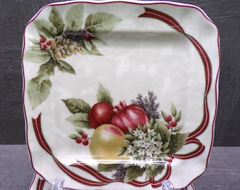 2605 Yuletide Celebration by 222 Fifth Vintage 6.5" Square Porcelain Snack / Dessert Plates Set of 4 Christmas Fruit