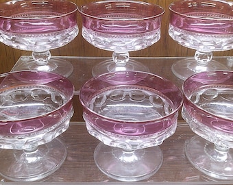 2501 Indiana Glass Kings Crown Thumbprint Cranberry Flash 3.75" Vintage Footed Sherbet Dessert Cups Set of 6 - Great Condition