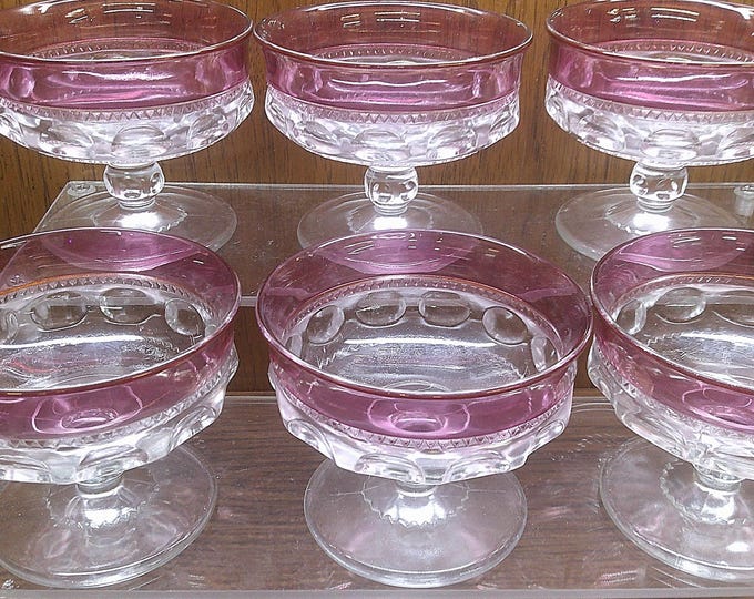 2501 Indiana Glass Kings Crown Thumbprint Cranberry Flash 3.75" Vintage Footed Sherbet Dessert Cups Set of 6 - Great Condition