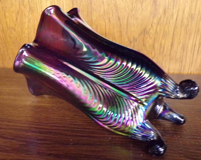 2501 Fenton 3 Toed Vintage Iridescent Amethyst Carnival Glass 9" Drapery Pattern Handkerchief Vase w/Stamp - Great Tones Great Condition