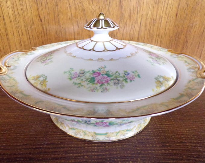 2507 Noritake Atesia Vintage Fine China 10" x 5" Tall Covered Vegetable Serving Dish Beautiful Floral w/ Gold Rim Made in Japan - Great Cond