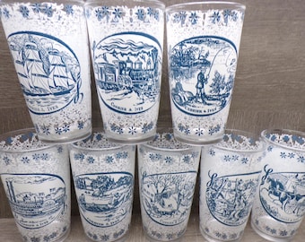 2603 Royal China Currier & Ives Vintage 5" 10 oz White and Blue Tumbler Drinking Glasses Set of 8 Different Scenes - Excellent Condition