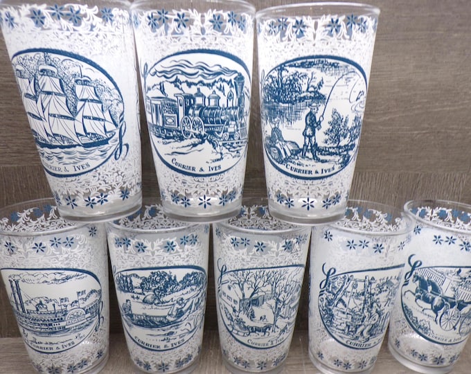 2603 Royal China Currier & Ives Vintage 5" 10 oz White and Blue Tumbler Drinking Glasses Set of 8 Different Scenes - Excellent Condition