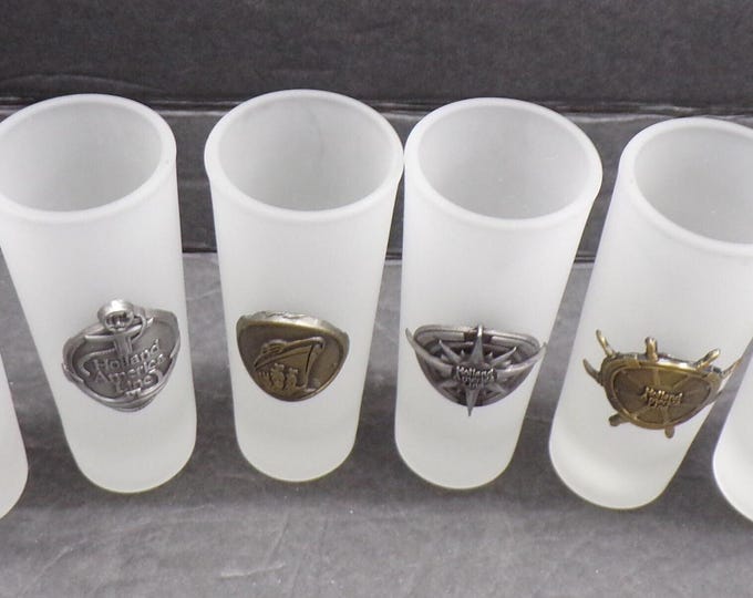 2212 Holland America Line Frosted Cordial Shot Glasses w/ Nautical Designs Set of 6 - Great Condition No Chips or Cracks