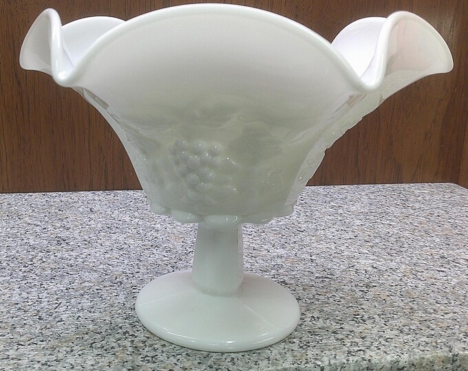 2409 Westmoreland Paneled Grape Milk Glass 6" Tall x 8" Wide Footed Compote Candy Dish w/ Westmoreland Stamp - Great Condition