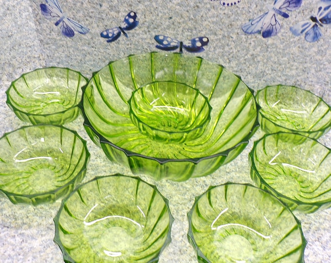 2211 Green Glass Embossed Twist Swirl Pattern Bowl Set Beautiful Vintage - One 10" Serving Bowl and Seven 5" Bowls - Great Condition
