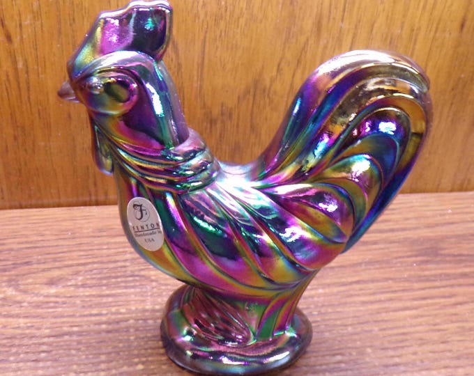 2501 Fenton Glass 5.5" Iridescent Amethyst Carnival Glass Rooster Fenton Stamp - Great Condition
