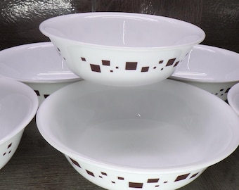 2602 Corelle Geometric Chocolate 6.25" Cereal Bowls Set of 6 Vintage - Brown, Tan, Green Squares - Great Condition