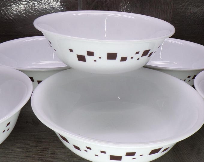 2602 Corelle Geometric Chocolate 6.25" Cereal Bowls Set of 6 Vintage - Brown, Tan, Green Squares - Great Condition