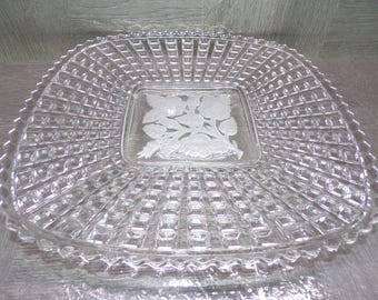 2602 Imperial Glass Radiant Waffle Block Vintage 11" Square Plate Platter - Frosted Floral - Great Condition Couple light Scratches